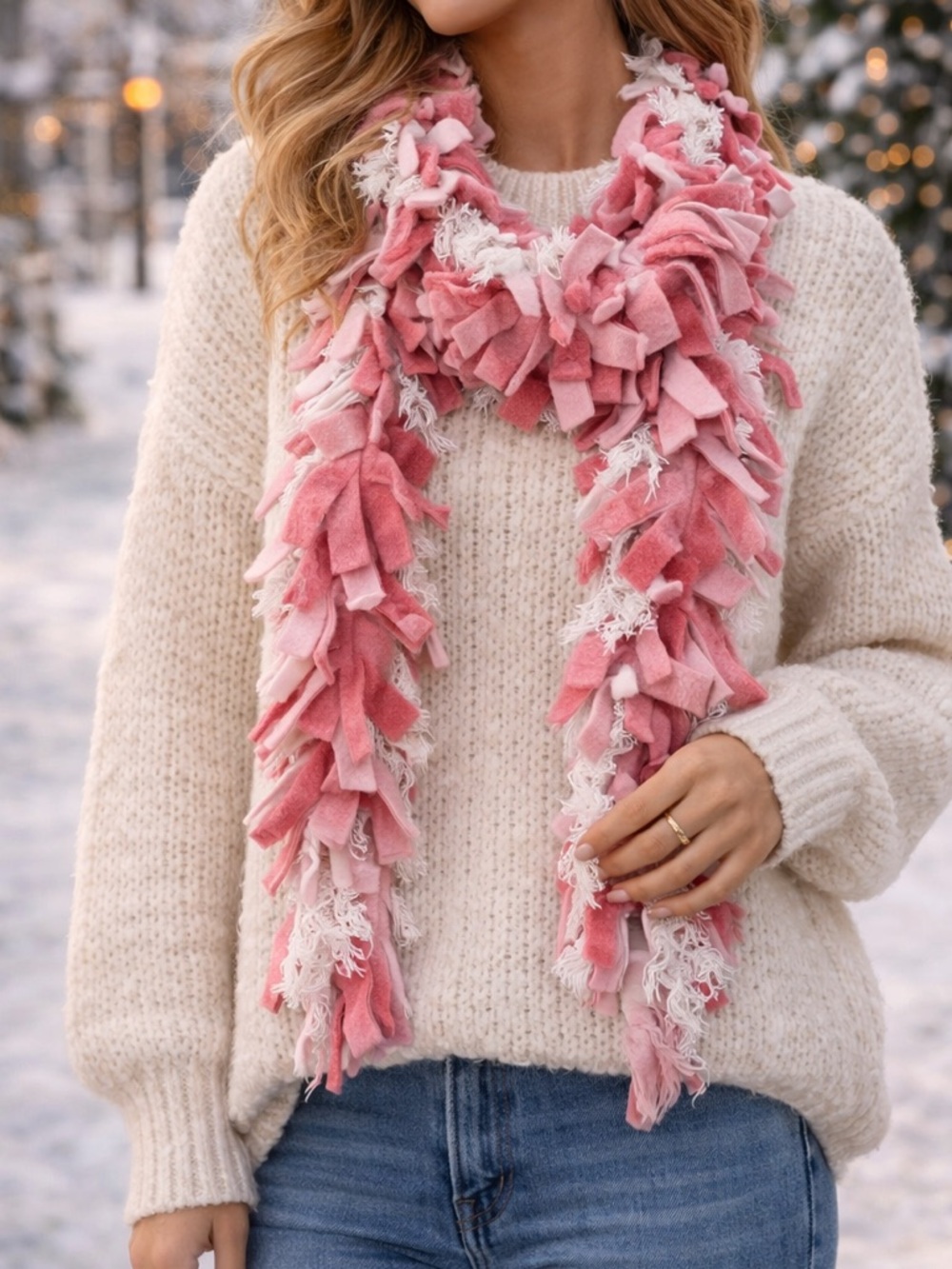 Pink White Fringe Scarf Wrap | Fuzzy Soft Cozy Statement Winter Accessory